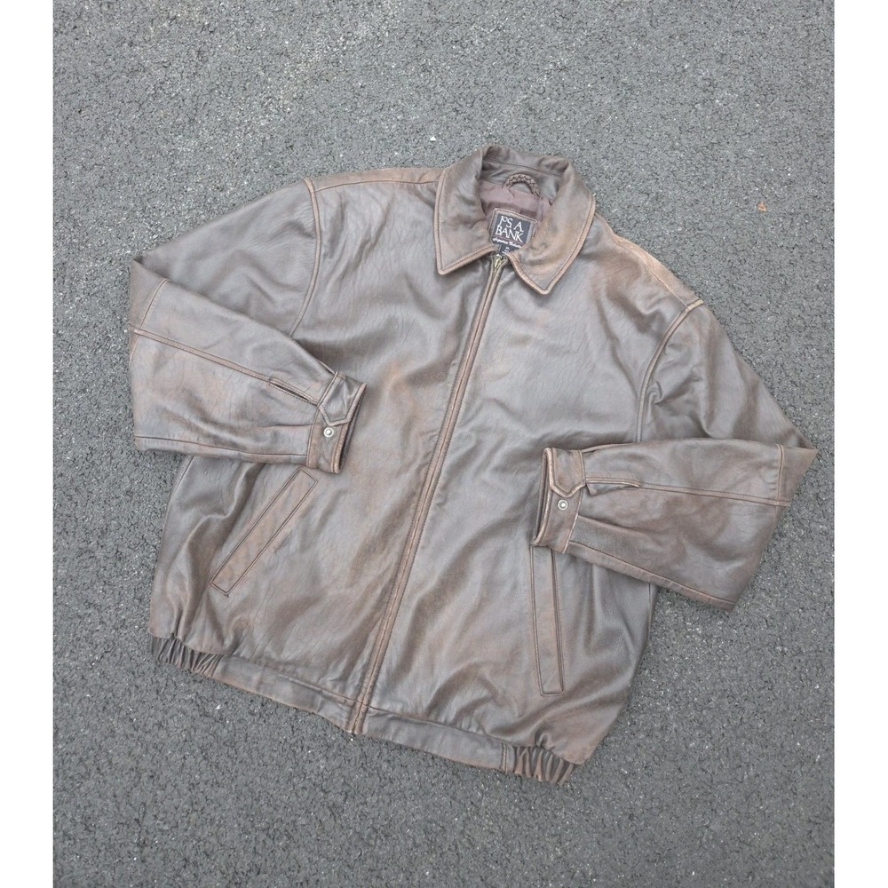 Jos A Bank Leather Jacket Mens XL Bomber Zip Brown Faded Coat
